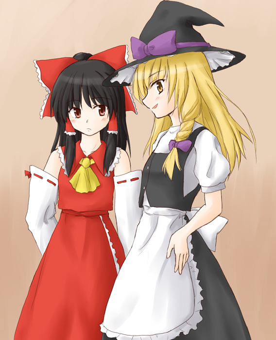 yurusuke, hakurei reimu, kirisame marisa, touhou, 2girls, apron, ascot, blonde hair, bow, braid, brown eyes, cowboy shot, detached sleeves, dress, female focus, hair bow, hair tubes, hat, long sleeves, looking at viewer, multiple girls, profile, puffy short sleeves, puffy sleeves, red bow, red dress, red eyes, ribbon-trimmed sleeves, ribbon trim, short sleeves, single braid, smile, standing, waist apron, witch hat