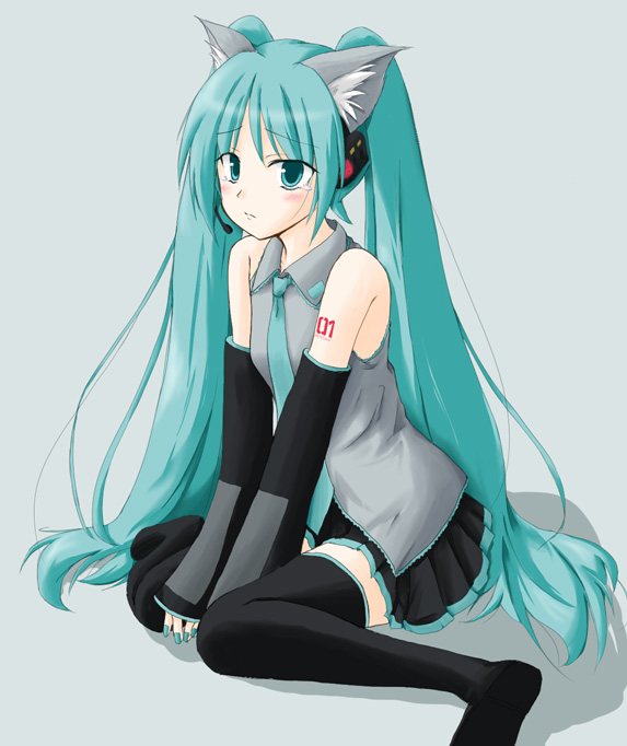 yurusuke, hatsune miku, vocaloid, 1girl, animal ears, aqua hair, blush, cat ears, female focus, long hair, sitting, solo, tears, thighhighs, twintails, very long hair