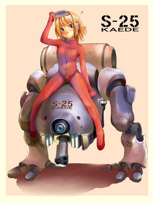 wakaba sprout, 1girl, bodysuit, female focus, full-length zipper, headset, mecha, mecha pilot suit, orange hair, plugsuit (evangelion), robot, science fiction, solo, straddling, zipper