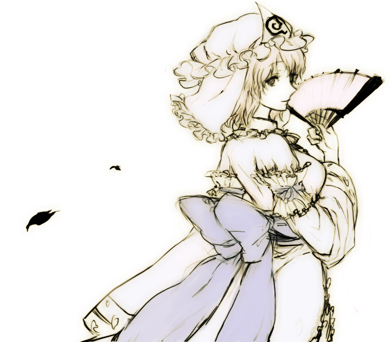 egawa satsuki, saigyouji yuyuko, touhou, 1girl, female focus, folding fan, hand fan, monochrome, solo, spot color
