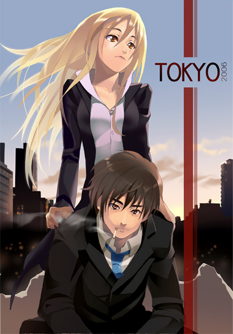 wakaba sprout, 1boy, 1girl, blonde hair, cigarette, city, formal clothes, pant suit, pants, shirt, smoking, suit