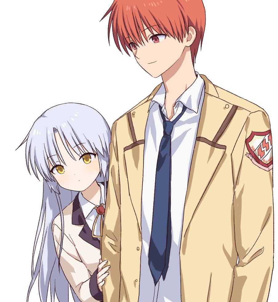 saang2cm, otonashi yuzuru, tachibana kanade, angel beats!, commentary request, korean commentary, 1boy, 1girl, blue necktie, blush, closed mouth, collared shirt, expressionless, eyes visible through hair, grey hair, hair between eyes, height difference, jacket, long hair, long sleeves, looking at another, looking at viewer, neck ribbon, necktie, open clothes, open jacket, orange eyes, orange hair, peeking out, ribbon, school uniform, shinda sekai sensen uniform, shirt, short hair, sidelocks, simple background, smile, straight hair, tsurime, upper body, white background, white shirt, yellow eyes, yellow jacket, yellow ribbon