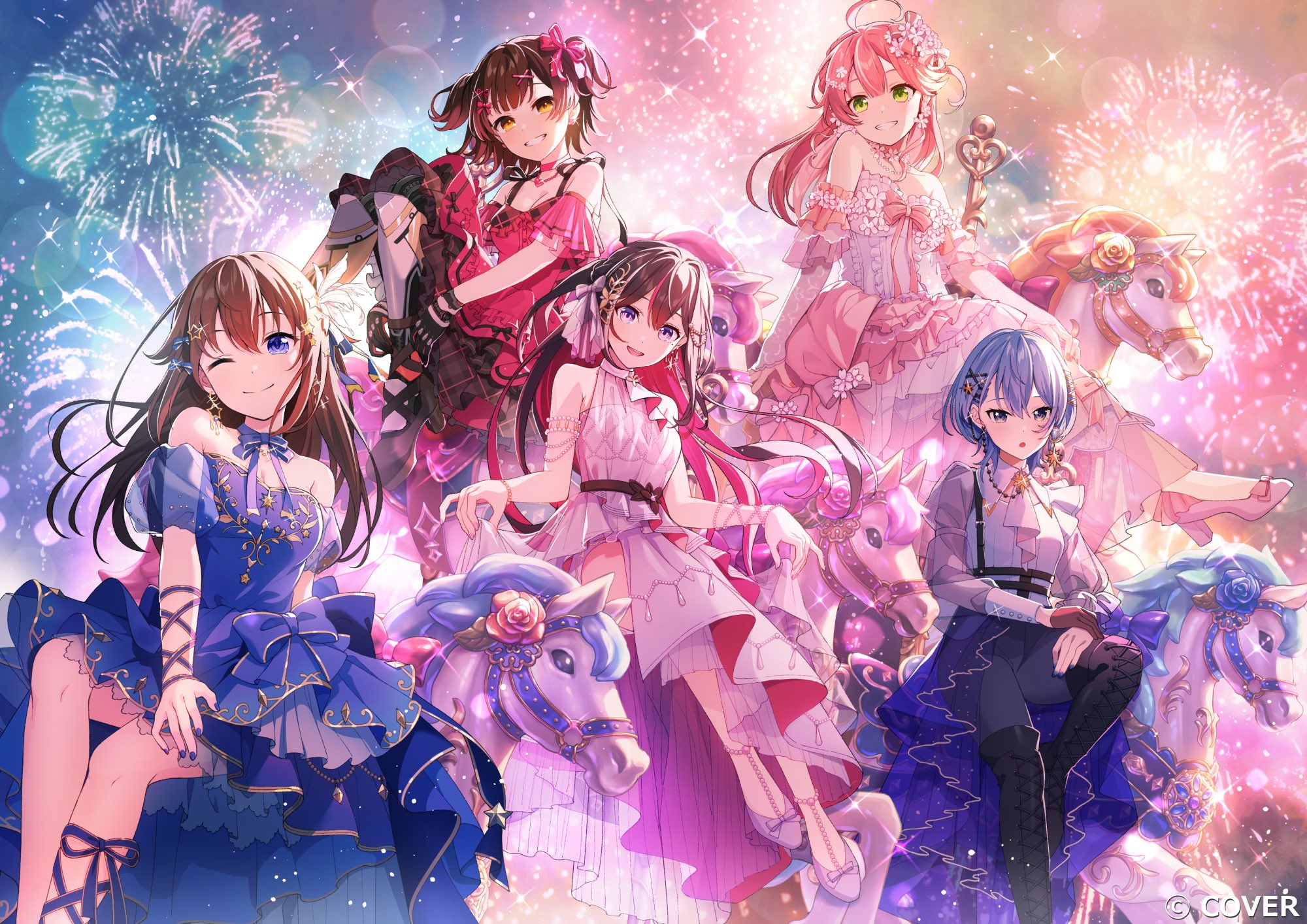 nobusawa osamu, azki (hololive), hoshimachi suisei, roboco-san, sakura miko, tokino sora, hololive, commentary request, highres, official art, 0th generation (hololive), 5girls, :d, ;), aerial fireworks, ahoge, android, bare shoulders, black hair, black pants, blue dress, blue eyes, blue hair, brown eyes, brown hair, collared shirt, colored inner hair, copyright notice, detached carousel horse, detached sleeves, diamond hair ornament, double-parted bangs, dress, dress shirt, fireworks, gradient hair, green eyes, grin, hair flaps, hair intakes, hair ornament, hairclip, halter dress, halterneck, high-low dress, long hair, looking at viewer, mechanical arms, mechanical legs, multicolored hair, multiple girls, one eye closed, open mouth, pants, pink dress, pink hair, puffy detached sleeves, puffy short sleeves, puffy sleeves, purple eyes, shirt, shirt tucked in, short hair, short sleeves, sitting, skirt hold, sleeveless, sleeveless dress, smile, star (symbol), star hair ornament, strapless, strapless dress, streaked hair, two side up, very long hair, virtual youtuber, white dress, white hair, white shirt, yellow eyes