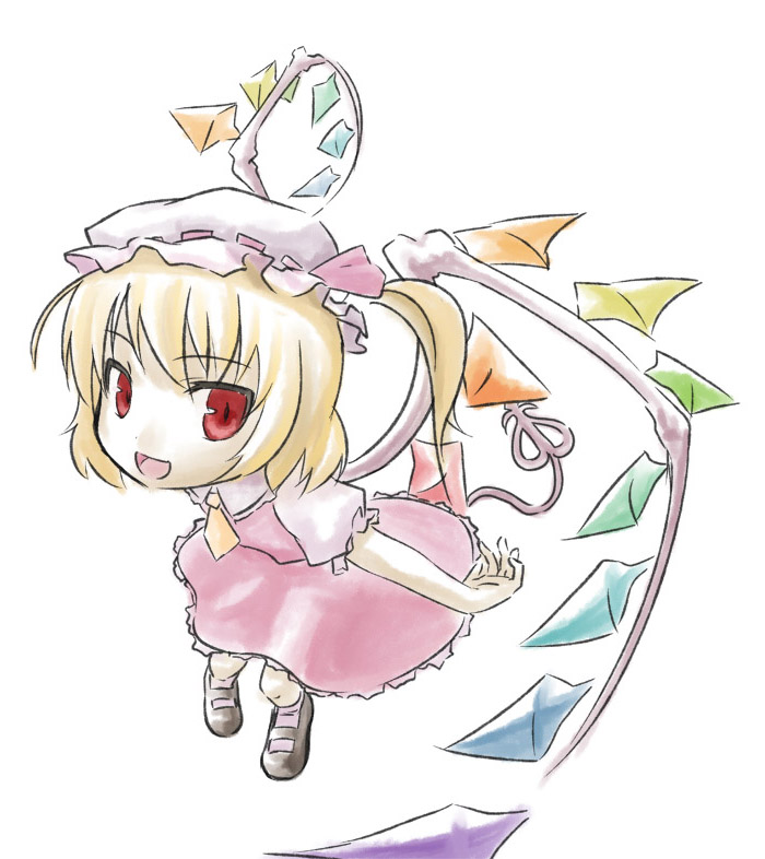 kusaba, kusaba (kusabashiki), flandre scarlet, touhou, 1girl, ascot, blonde hair, chibi, female focus, hat, mob cap, red eyes, smile, solo, tsurime, wings
