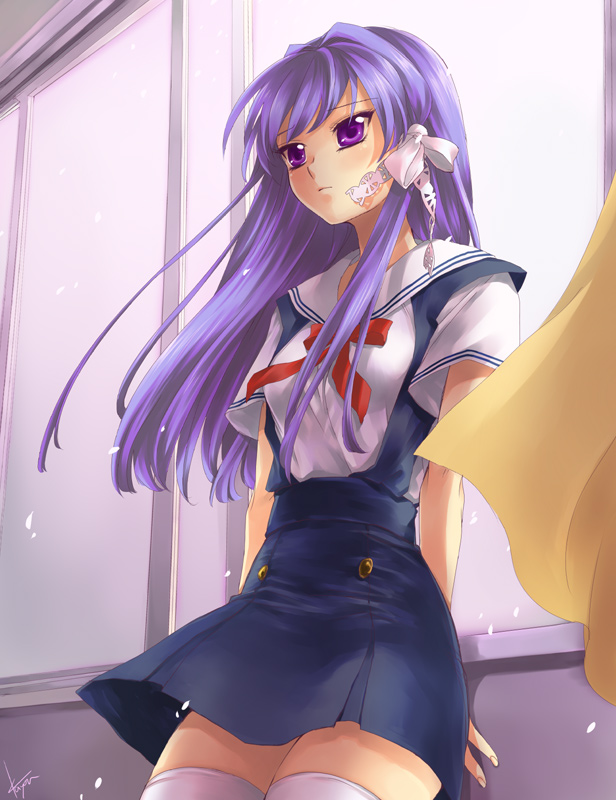 kayou (kayou-bi), fujibayashi kyou, clannad, bad id, bad pixiv id, 00s, 1girl, female focus, hair ribbon, long hair, purple eyes, purple hair, ribbon, school uniform, serafuku, solo, thighhighs, white thighhighs, zettai ryouiki