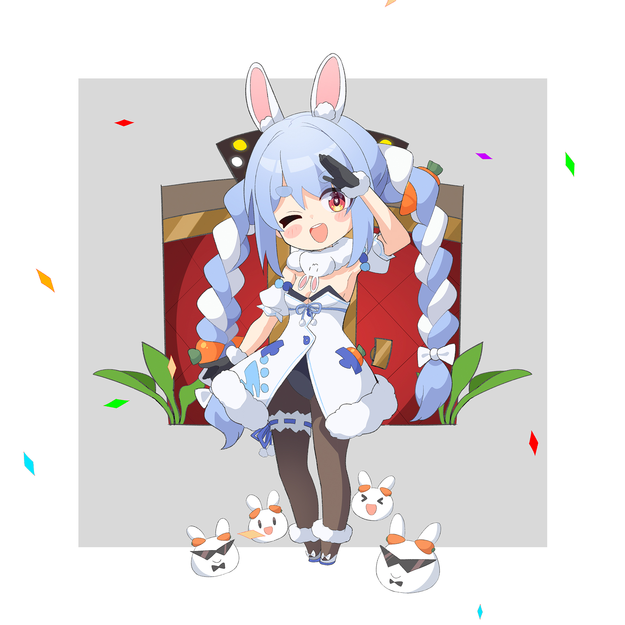 ame., don-chan (usada pekora), pekomon (usada pekora), usada pekora, usada pekora (1st costume), hololive, commentary request, highres, 1girl, ;d, animal ear fluff, animal ears, arm up, armpits, black gloves, black leotard, blush stickers, border, bow, braid, brown pantyhose, carrot hair ornament, chibi, confetti, detached sleeves, dress, food-themed hair ornament, fur-trimmed dress, fur-trimmed gloves, fur trim, gloves, grey background, hair bow, hair ornament, leotard, long hair, multicolored hair, one eye closed, open mouth, pantyhose, puffy short sleeves, puffy sleeves, rabbit-shaped pupils, rabbit ears, red eyes, shoes, short eyebrows, short sleeves, smile, standing, strapless, strapless dress, strapless leotard, sunglasses, symbol-shaped pupils, thick eyebrows, triangle eyewear, twin braids, twintails, two-tone hair, very long hair, white border, white bow, white dress, white hair, white shoes, white sleeves