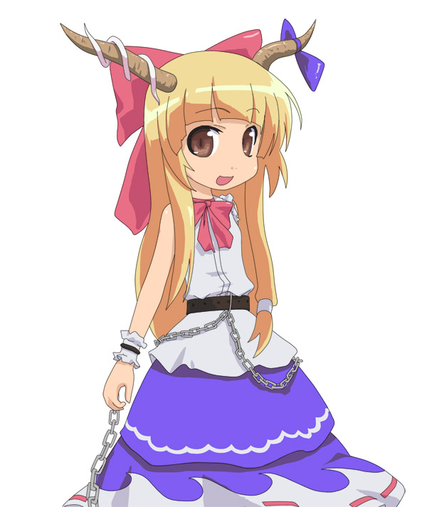 kusaba, kusaba (kusabashiki), ibuki suika, touhou, 1girl, :d, belt, blonde hair, blue skirt, blush, bow, bowtie, brown eyes, chain, cowboy shot, female focus, hair bow, long hair, looking at viewer, open mouth, red bow, red bowtie, shirt, simple background, skirt, smile, solo, very long hair, white background, white shirt, wrist cuffs