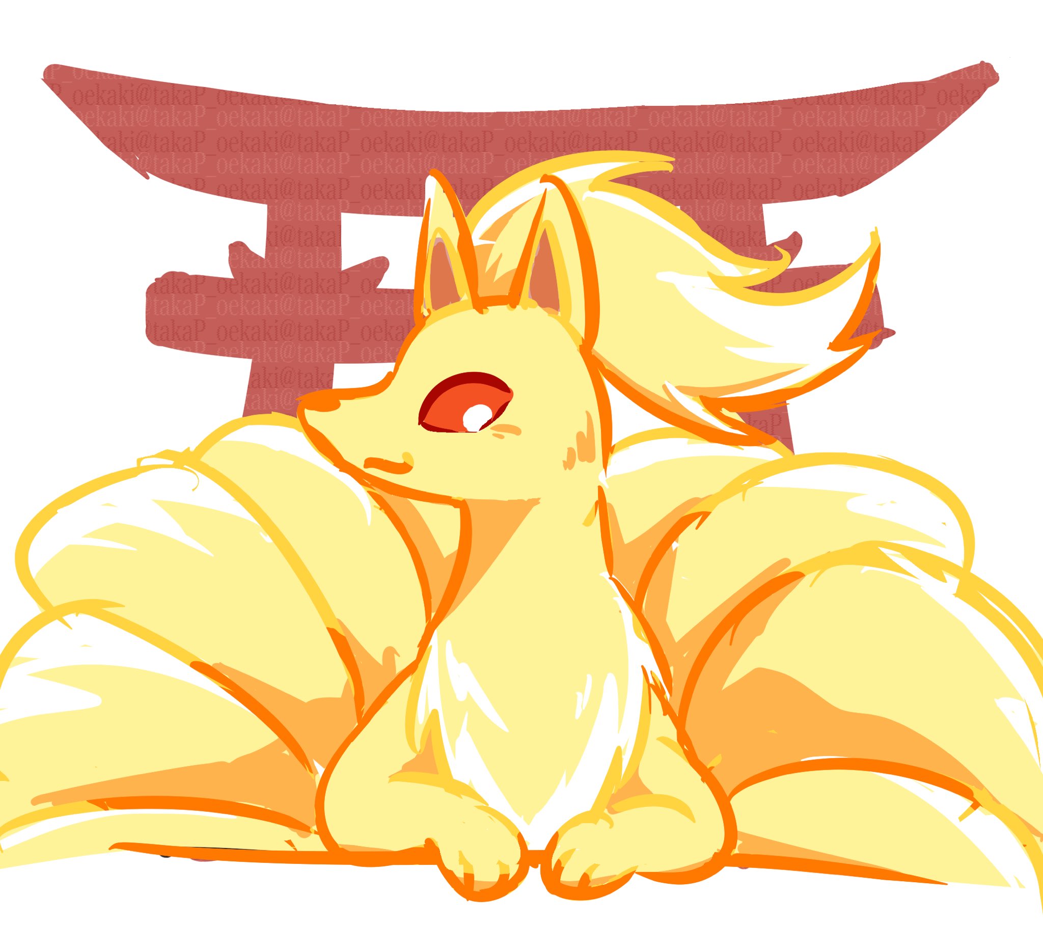 takap oekaki, ninetales, nintendo, pokemon, highres, animal focus, closed mouth, fox, gen 1 pokemon, looking at viewer, multiple tails, no humans, pokemon (creature), pokemon focus, red eyes, solo, tail, torii