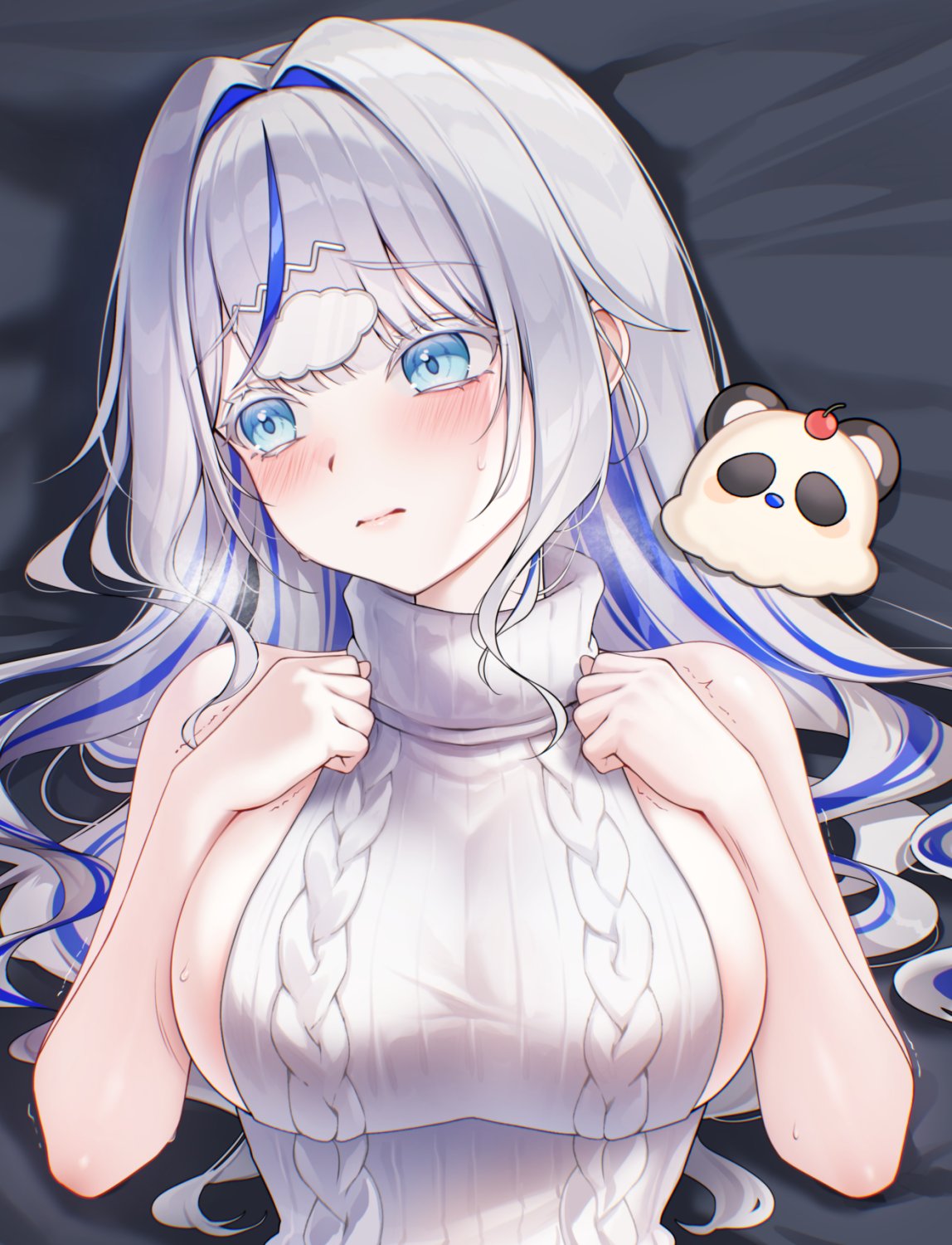kuca (ku ca18), aokumo rin, stellive, hashtag-only commentary, highres, 1girl, 3:, bare arms, bare shoulders, bed sheet, blue eyes, blush, breasts, cable knit, cloud hair ornament, embarrassed, hands up, kurimi (aokumo rin), large breasts, long hair, looking to the side, lying, multicolored hair, ribbed sweater, see-through cleavage, see-through clothes, sideboob, sleeveless, sleeveless sweater, sleeveless turtleneck, solo, streaked hair, sweatdrop, sweater, turtleneck, upper body, virtual youtuber, wavy hair, white hair