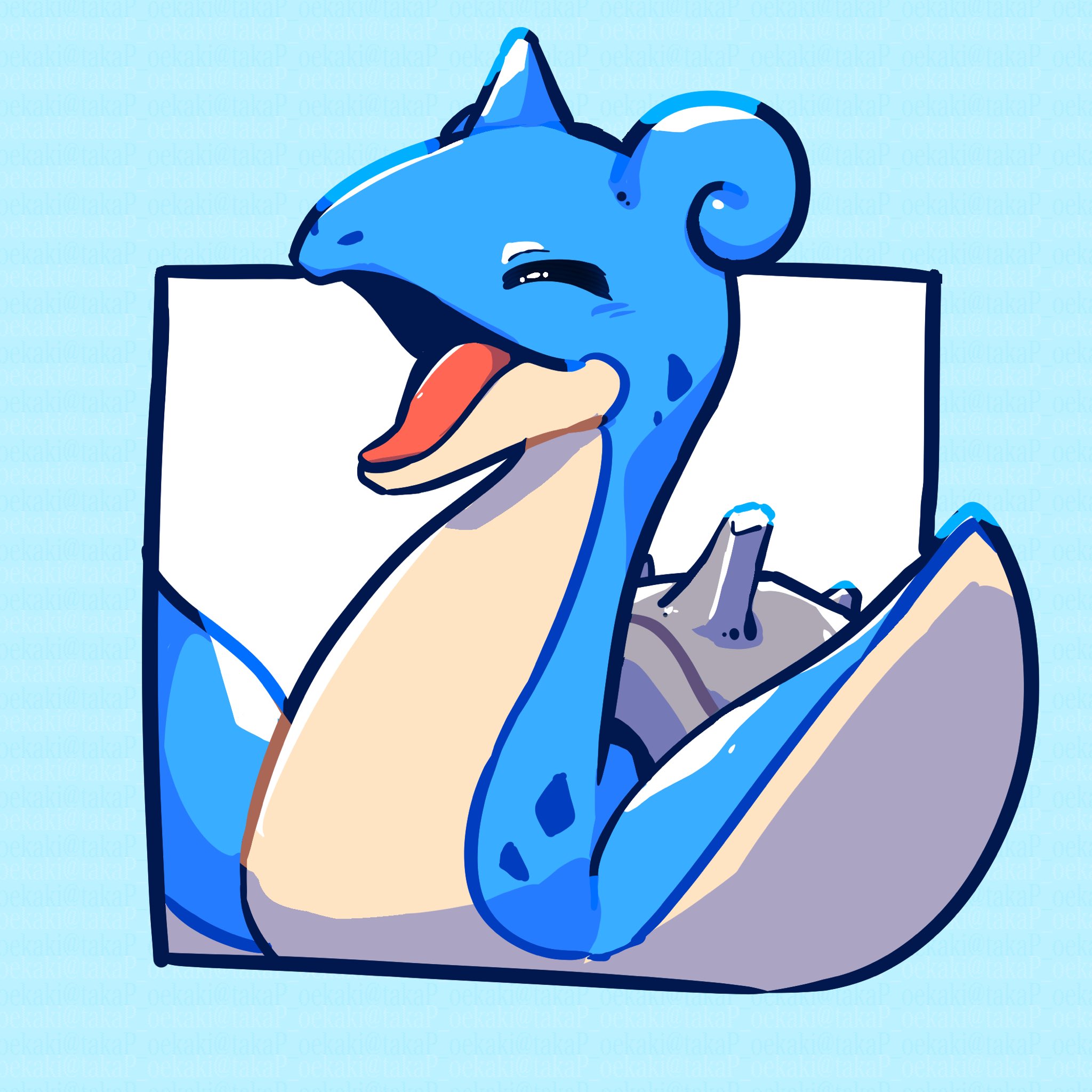 takap oekaki, lapras, nintendo, pokemon, highres, animal focus, closed eyes, facing viewer, gen 1 pokemon, horns, no humans, open mouth, pokemon (creature), pokemon focus, single horn, smile