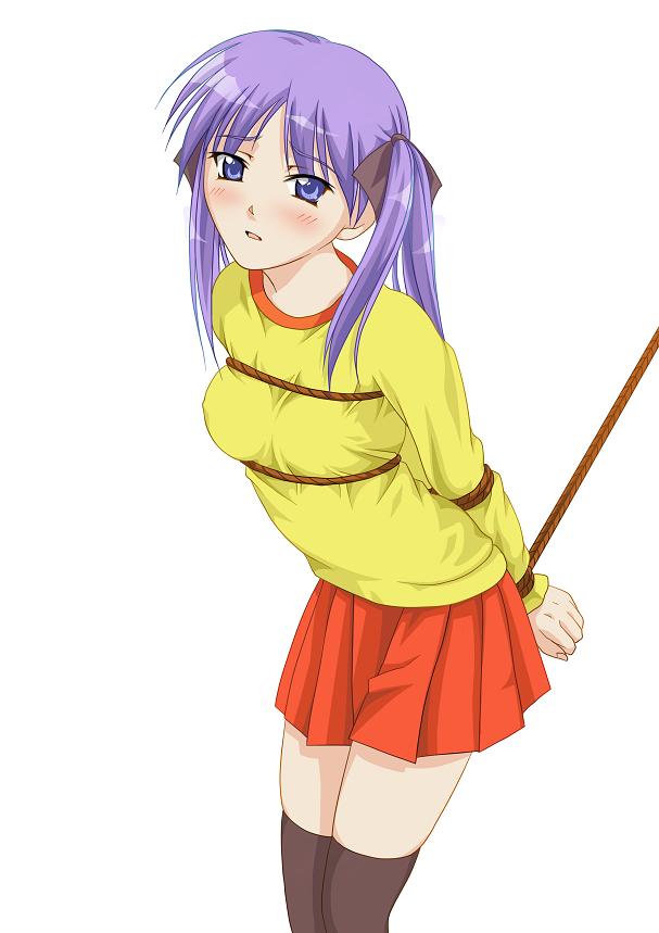 suda (yuunagi enikki), hiiragi kagami, lucky star, 00s, 1girl, arms behind back, bdsm, black thighhighs, blue eyes, blush, bondage, bound, bound arms, bound wrists, female focus, hair ribbon, leaning forward, long hair, purple hair, ribbon, skirt, solo, thighhighs, twintails, zettai ryouiki