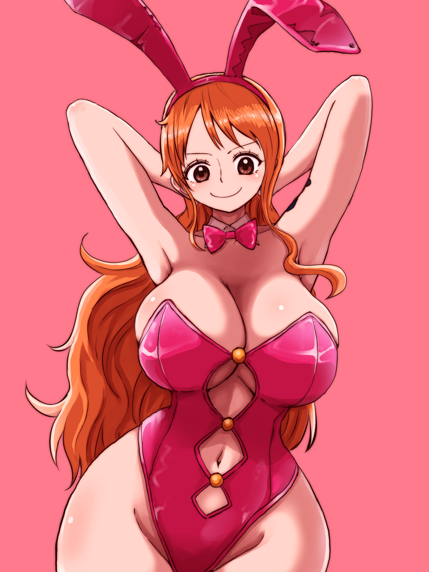 nami (one piece), one piece, 1girl, breasts, large breasts, long hair, orange hair, smile
