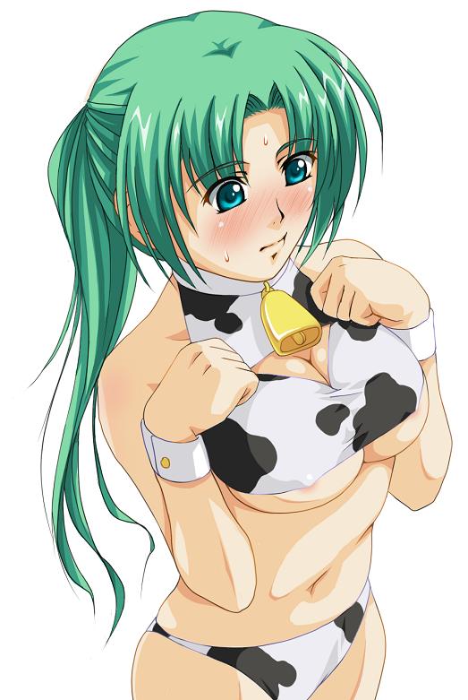suda (yuunagi enikki), sonozaki mion, higurashi no naku koro ni, 00s, 1girl, animal print, bell, blush, breasts, cleavage, cow print, female focus, green eyes, green hair, large breasts, long hair, matching hair/eyes, ponytail, solo