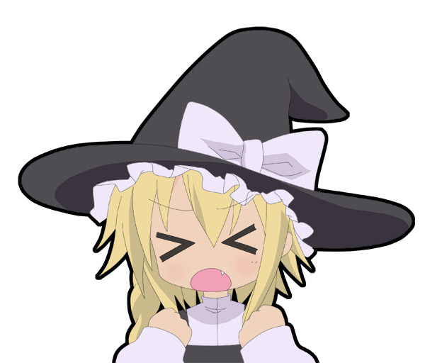 kusaba, kusaba (kusabashiki), kirisame marisa, kusakabe misao, lucky star, touhou, > <, 1girl, blonde hair, chibi, closed eyes, female focus, frills, hat, long sleeves, parody, sidelocks, simple background, solo, upper body, white background, wince, witch hat