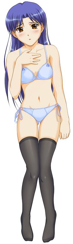 suda (yuunagi enikki), kisaragi chihaya, idolmaster, idolmaster (classic), idolmaster 1, jpeg artifacts, long image, tall image, 00s, blue hair, blush, bra, legs, lingerie, long hair, panties, side-tie panties, solo, thighhighs, underwear, underwear only