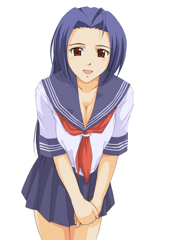 suda (yuunagi enikki), miura azusa, idolmaster, idolmaster (classic), idolmaster 1, 00s, 1girl, blue hair, breasts, cleavage, female focus, long hair, medium breasts, red eyes, school uniform, serafuku, solo