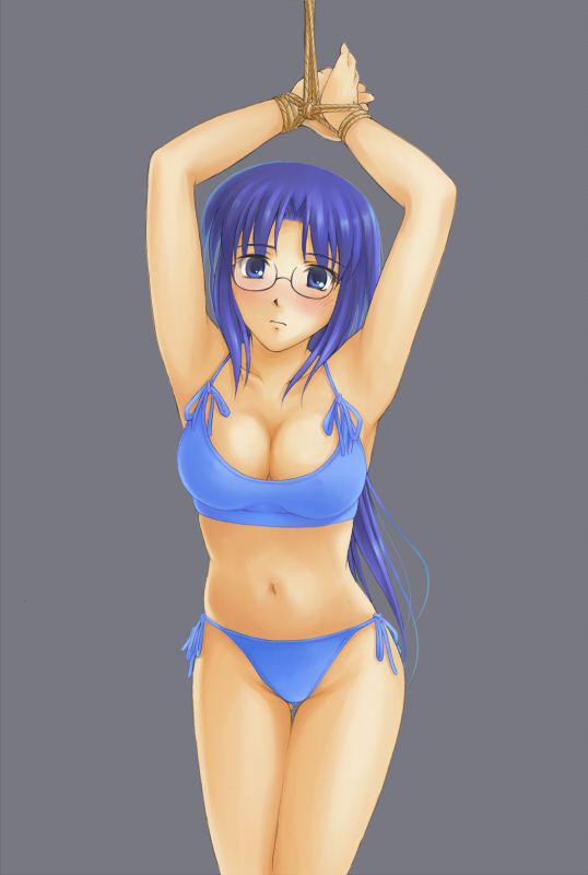 suda (yuunagi enikki), 1girl, bdsm, bikini, blue bikini, blue eyes, blue hair, bondage, bound, bound wrists, breasts, female focus, glasses, long hair, matching hair/eyes, rope, side-tie bikini bottom, solo, swimsuit