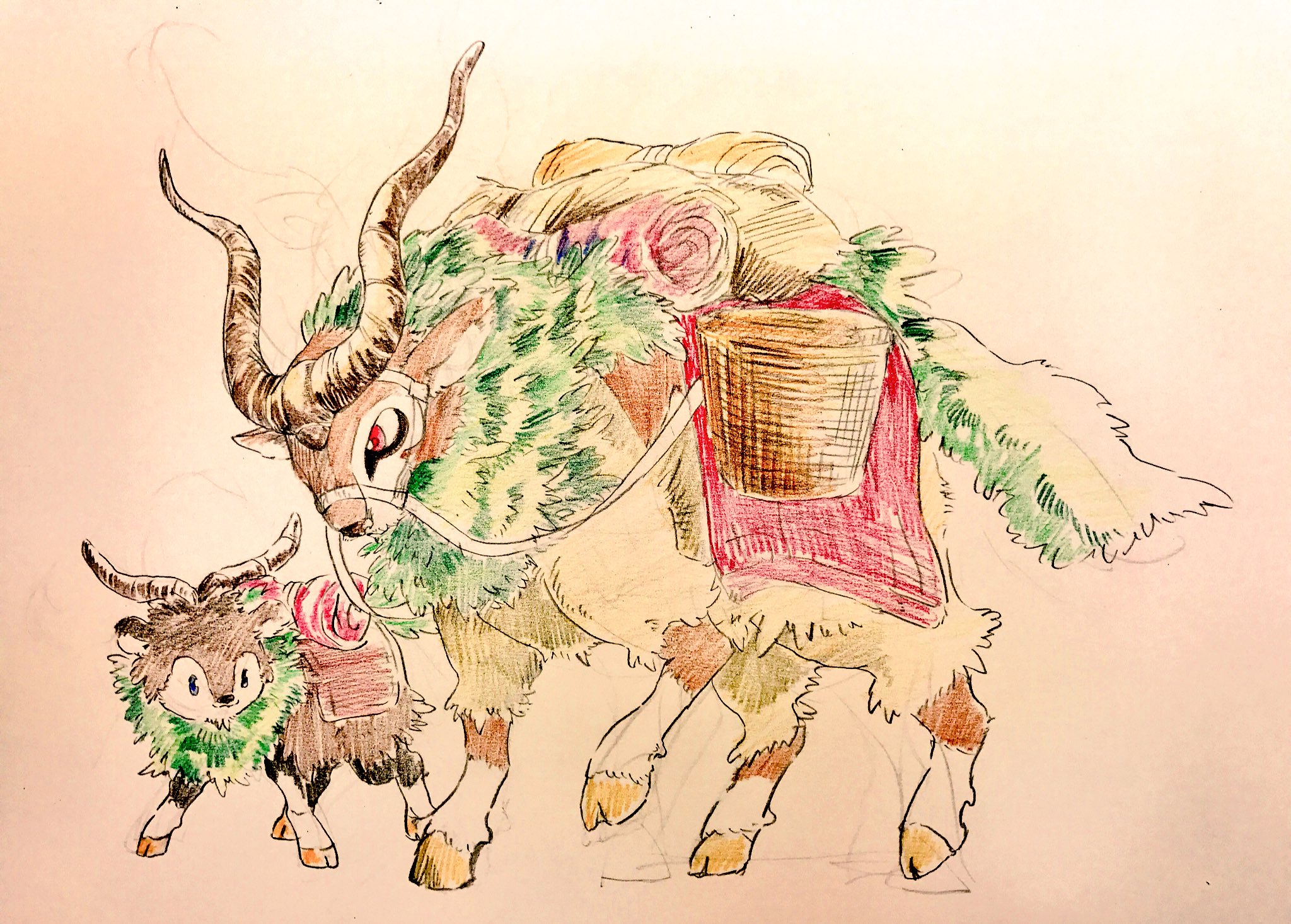 mint nappa, gogoat, skiddo, nintendo, pokemon, colored pencil (medium), commentary request, highres, traditional media, basket, evolutionary line, full body, gen 6 pokemon, no humans, pokemon (creature), red eyes, saddle