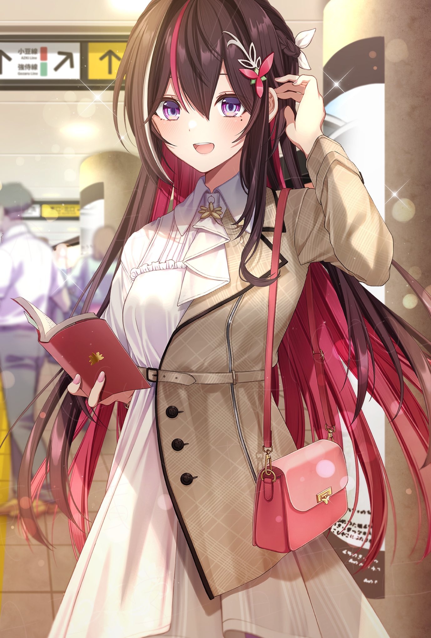 mamdtsubu, azki (4th costume) (hololive), azki (hololive), hololive, commentary request, highres, 1girl, :d, ascot, asymmetrical sidelocks, bag, black hair, blurry, blurry background, book, braid, brown coat, brown hair, coat, collared dress, colored inner hair, double-parted bangs, dress, hair between eyes, hair ornament, hairclip, half-coat, half up braid, hand up, holding, holding book, long hair, looking at viewer, mole, mole under eye, multicolored hair, official alternate costume, open mouth, pink hair, purple eyes, shoulder bag, sidelocks, smile, solo, streaked hair, teeth, upper teeth only, very long hair, virtual youtuber, white ascot, white dress, white hair