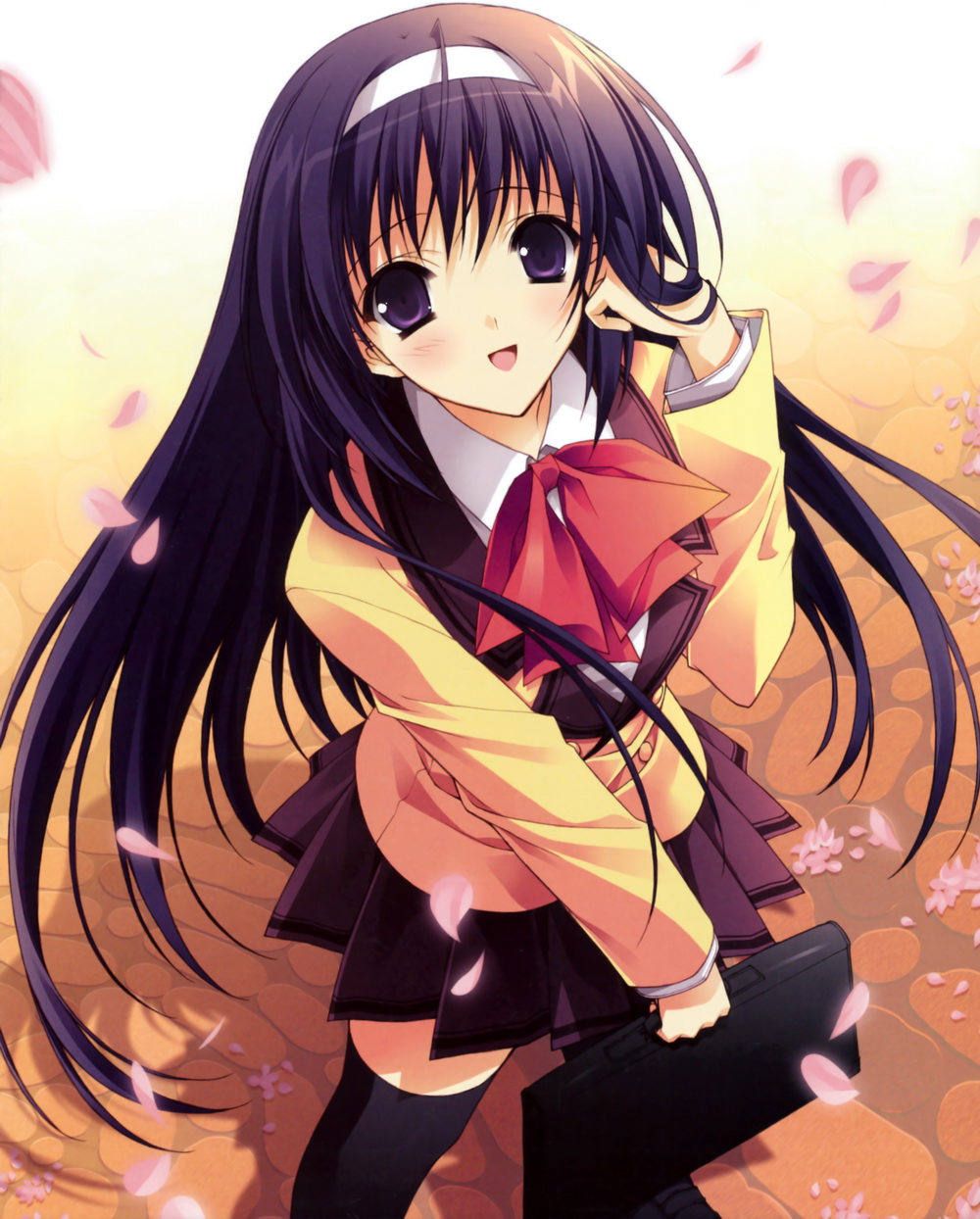 suzuhira hiro, tenkuuji najimi, akikan!, highres, non-web source, 00s, bag, cherry blossoms, hairband, long hair, purple eyes, purple hair, school bag, school uniform, serafuku, solo, thighhighs, zettai ryouiki