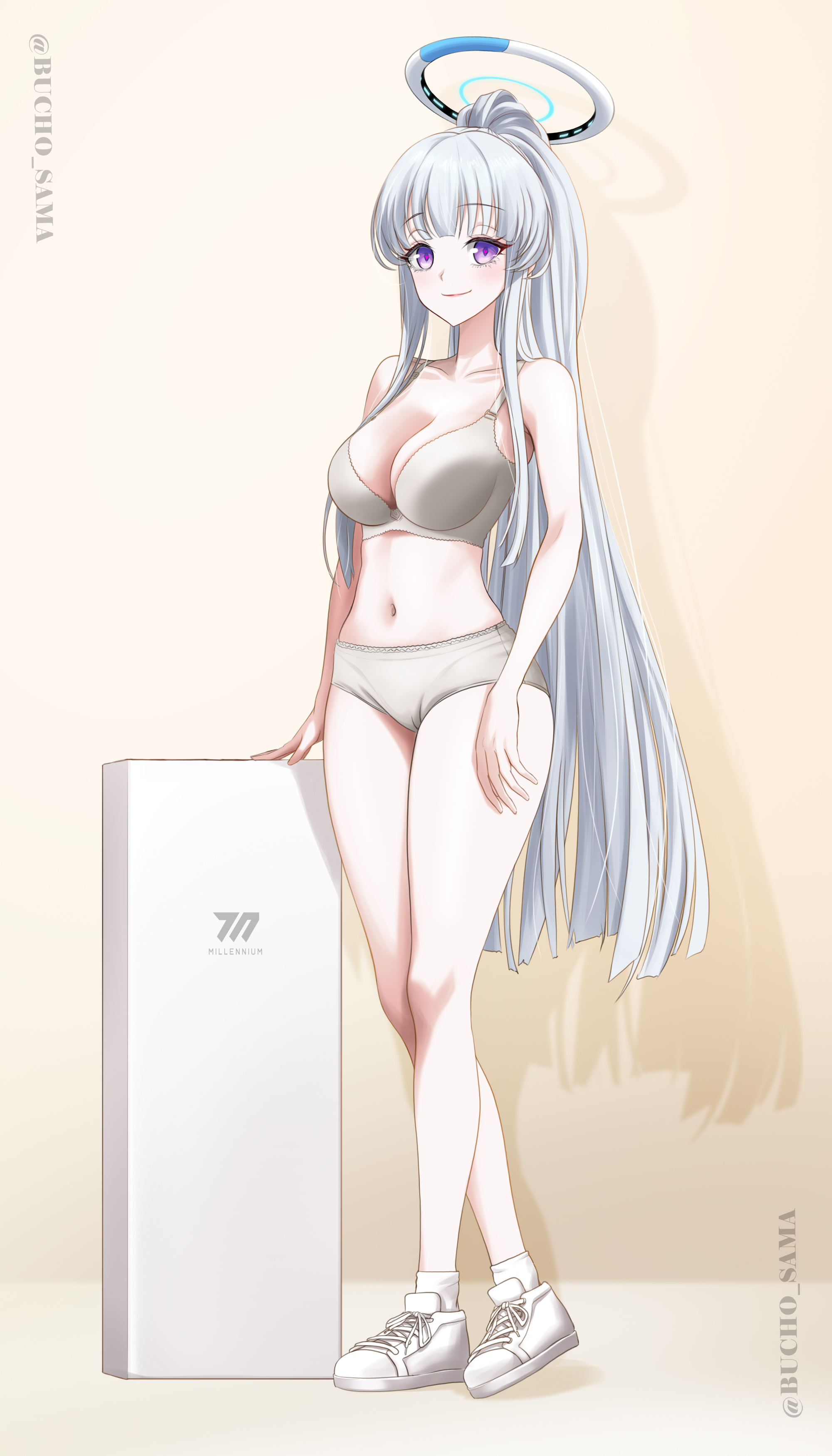 bucho sama, noa (blue archive), blue archive, absurdres, highres, 1girl, alternate hairstyle, bare arms, bare legs, bare shoulders, blush, bra, breasts, closed mouth, halo, large breasts, long hair, long legs, looking at viewer, navel, panties, ponytail, purple eyes, shoes, sidelocks, smile, socks, solo, stomach, underwear, underwear only, white bra, white halo, white panties, white shoes, white socks