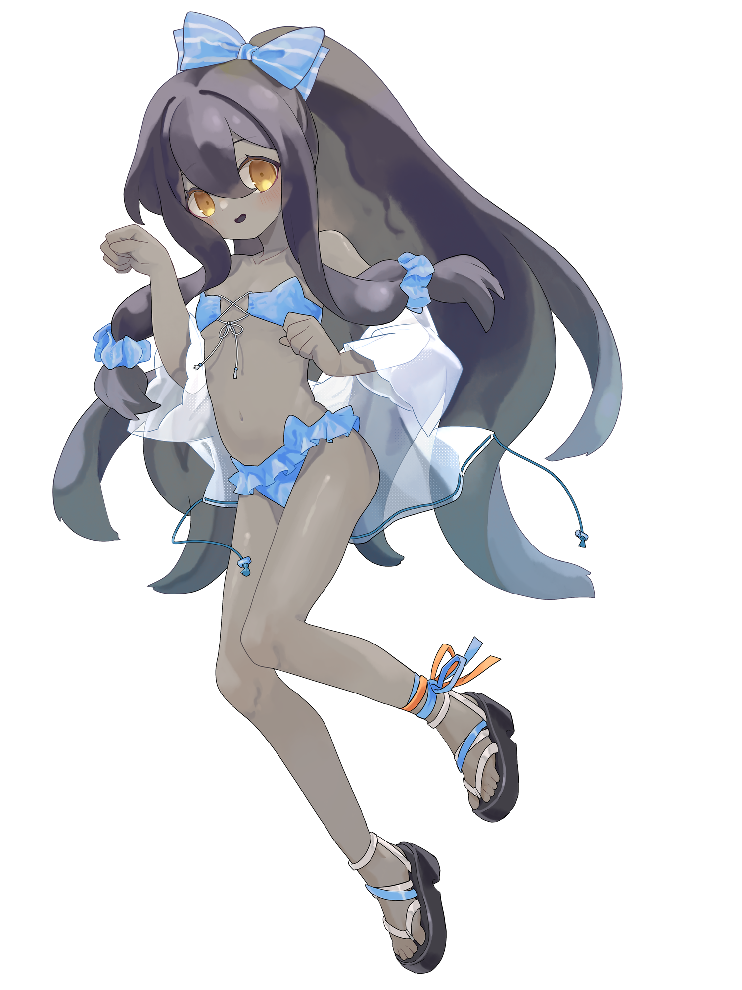 dondoconemuru, dairoku ryouhei, highres, bikini, black hair, blue bikini, blue bow, blue scrunchie, bow, colored skin, flat chest, full body, grey skin, hair between eyes, hair bow, hand up, jacket, jacket partially removed, miffet mothergoose, sandals, scrunchie, solo, standing, swimsuit, transparent background, yellow eyes