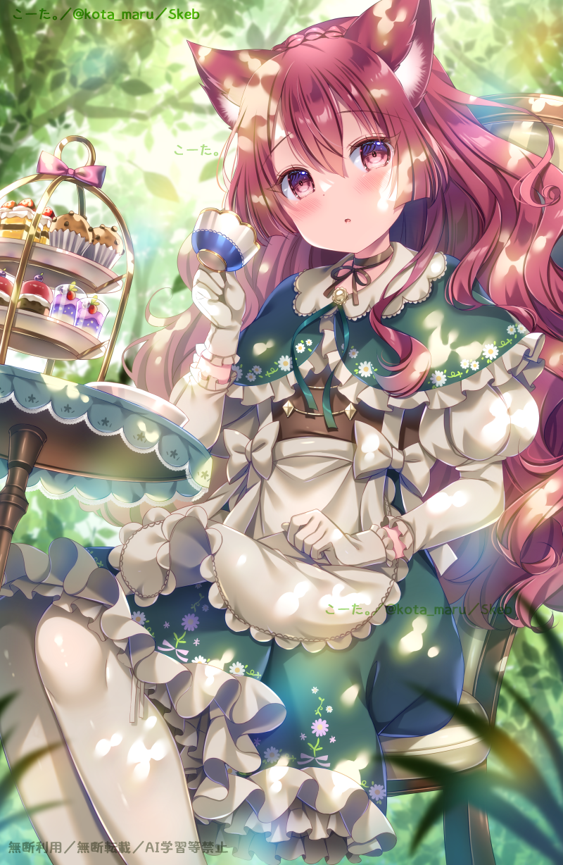 kouta., original, commentary request, highres, 1girl, :o, animal ear fluff, animal ears, apron, blush, brown choker, capelet, cat ears, chair, choker, cup, day, dress, feet out of frame, frilled apron, frilled capelet, frilled dress, frilled gloves, frills, gloves, green capelet, green dress, hair between eyes, holding, holding cup, jewelry, on chair, outdoors, pantyhose, parted lips, red eyes, red hair, shirt, sitting, solo, tiered tray, tree, white apron, white gloves, white pantyhose, white shirt