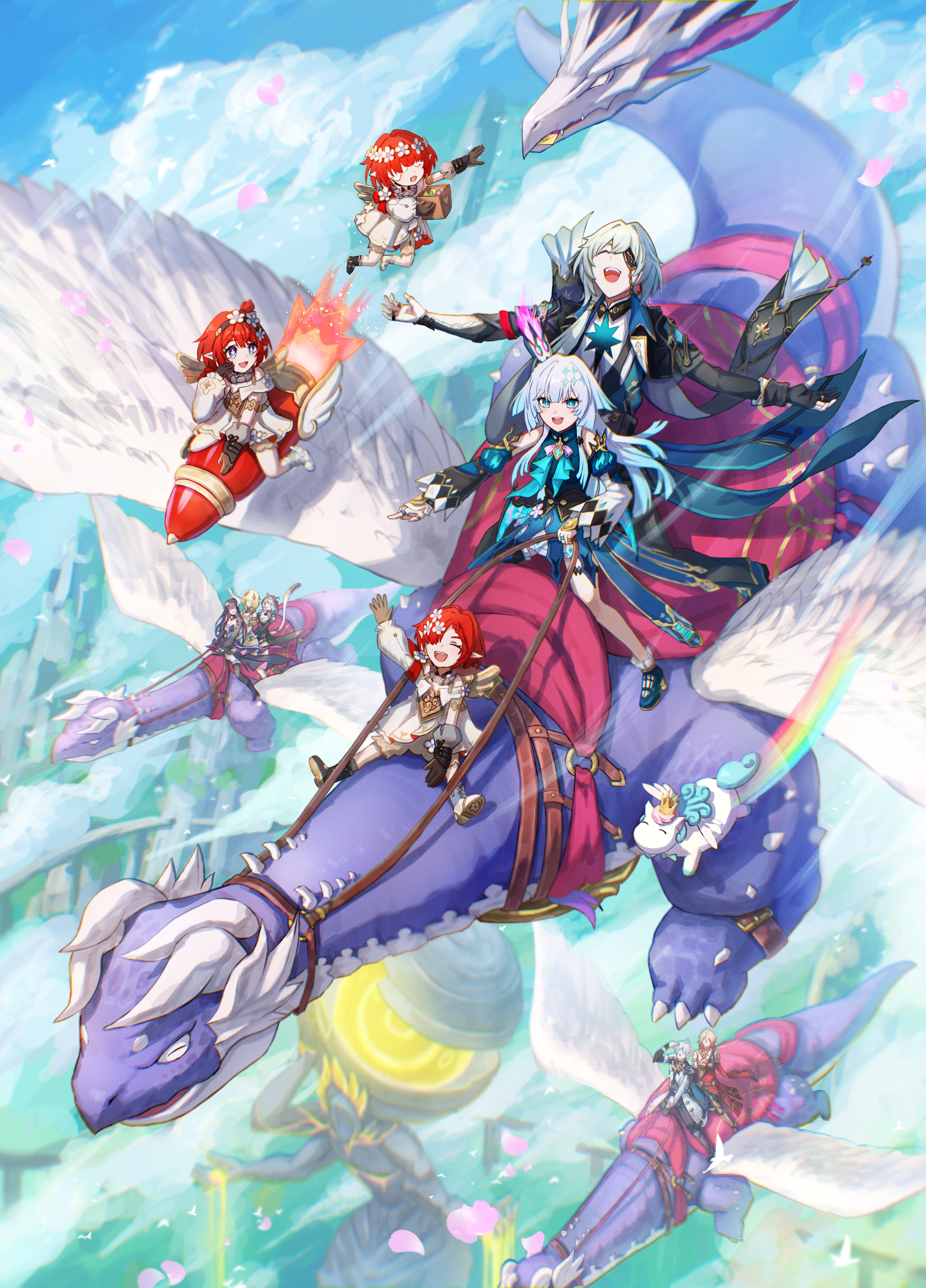 isome, aglaea (honkai: star rail), cerydra (honkai: star rail), cipher (honkai: star rail), hysilens (honkai: star rail), little ica (honkai: star rail), mydei (honkai: star rail), phainon (honkai: star rail), pollux (honkai: star rail), trianne (honkai: star rail), tribbie (honkai: star rail), trinnon (honkai: star rail), honkai: star rail, honkai (series), absurdres, commentary request, highres, 3boys, 6+girls, angel wings, black coat, blue dress, blue eyes, blue hair, blue sky, box, cat girl, cat tail, chrysos heirs (honkai: star rail), coat, crown, dragon, dress, dromas (honkai: star rail), eyepatch, holding, holding box, holding reins, kephale (honkai: star rail), laughing, midair, multiple boys, multiple girls, outdoors, red hair, reins, riding, riding animal, rocket ship, short hair, sky, spacecraft, tail, white dress, wings