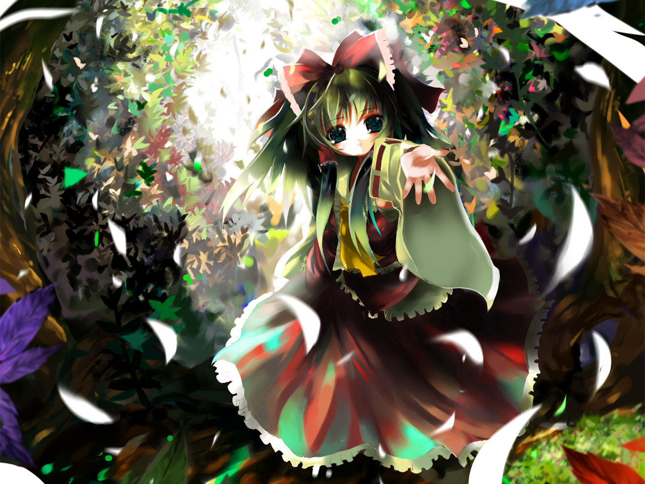 shino (eefy), hakurei reimu, touhou, bad id, bad pixiv id, 1girl, ascot, brown eyes, brown hair, detached sleeves, dress, female focus, japanese clothes, leaf, long sleeves, looking at viewer, miko, outdoors, outstretched arm, petals, plant, red dress, ribbon-trimmed sleeves, ribbon trim, solo, tree