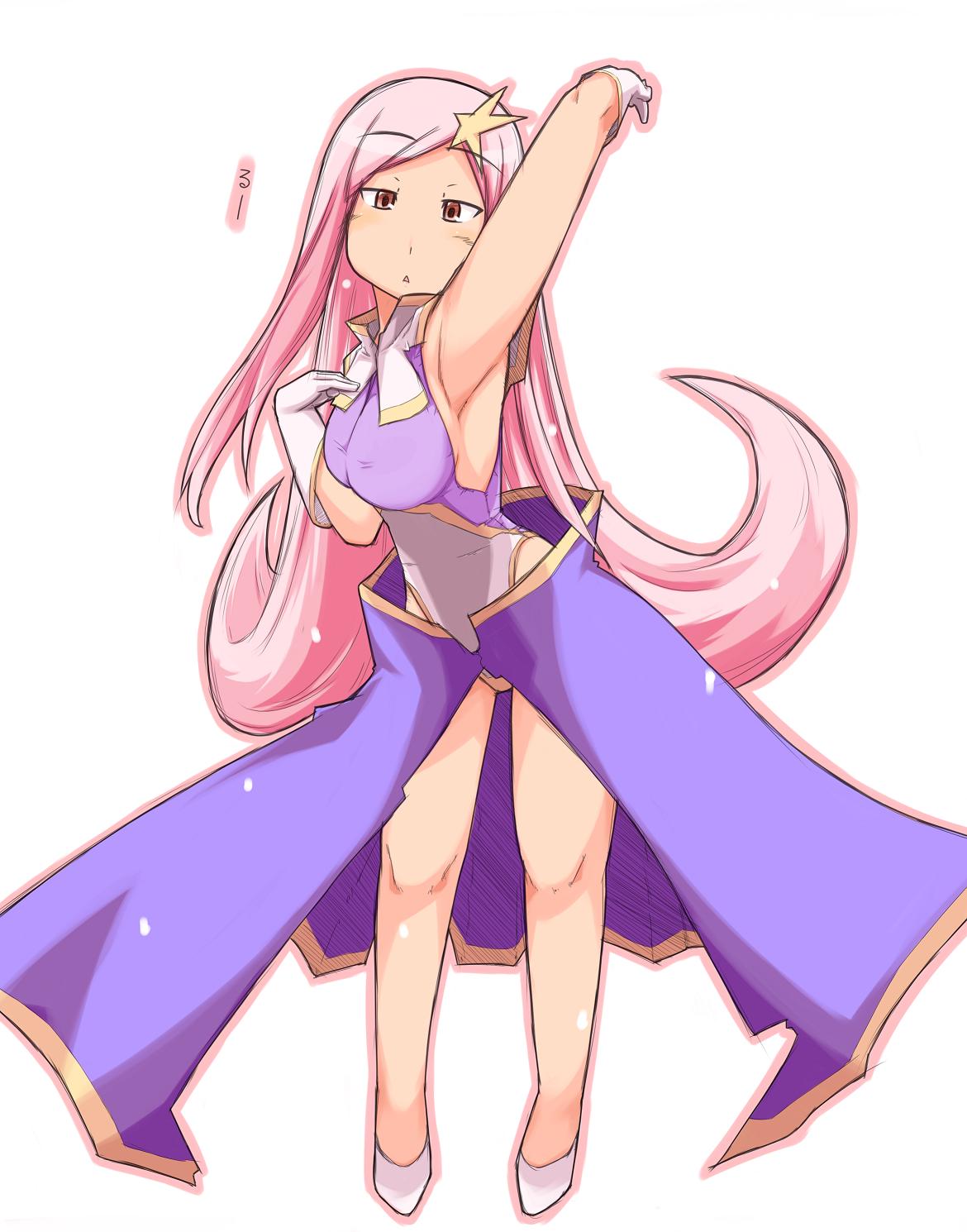 ast67, lucy maria misora, meer campbell, gundam, gundam seed, gundam seed destiny, to heart (series), to heart 2, highres, 1girl, arm up, armpits, breasts, cosplay, female focus, gloves, hair ornament, leotard, long hair, meer campbell (cosplay), pink hair, simple background, solo, star (symbol), star hair ornament, triangle mouth, white background, white gloves