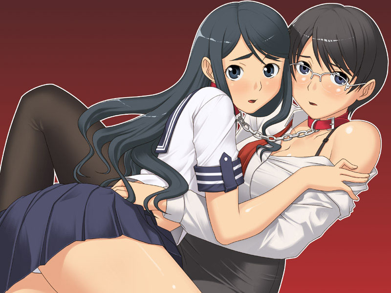 yizumi, houkaiseki riko, ikariya sakurako, real intention, real intention 2, 2girls, age difference, bdsm, black hair, blue eyes, blue hair, blush, bondage, bound, bound together, breasts, chain, chain leash, collar, female focus, glasses, leash, linked collar, long hair, looking at viewer, multiple girls, pantyhose, school uniform, serafuku, short hair, shy, skirt, teacher, teacher and student, yuri