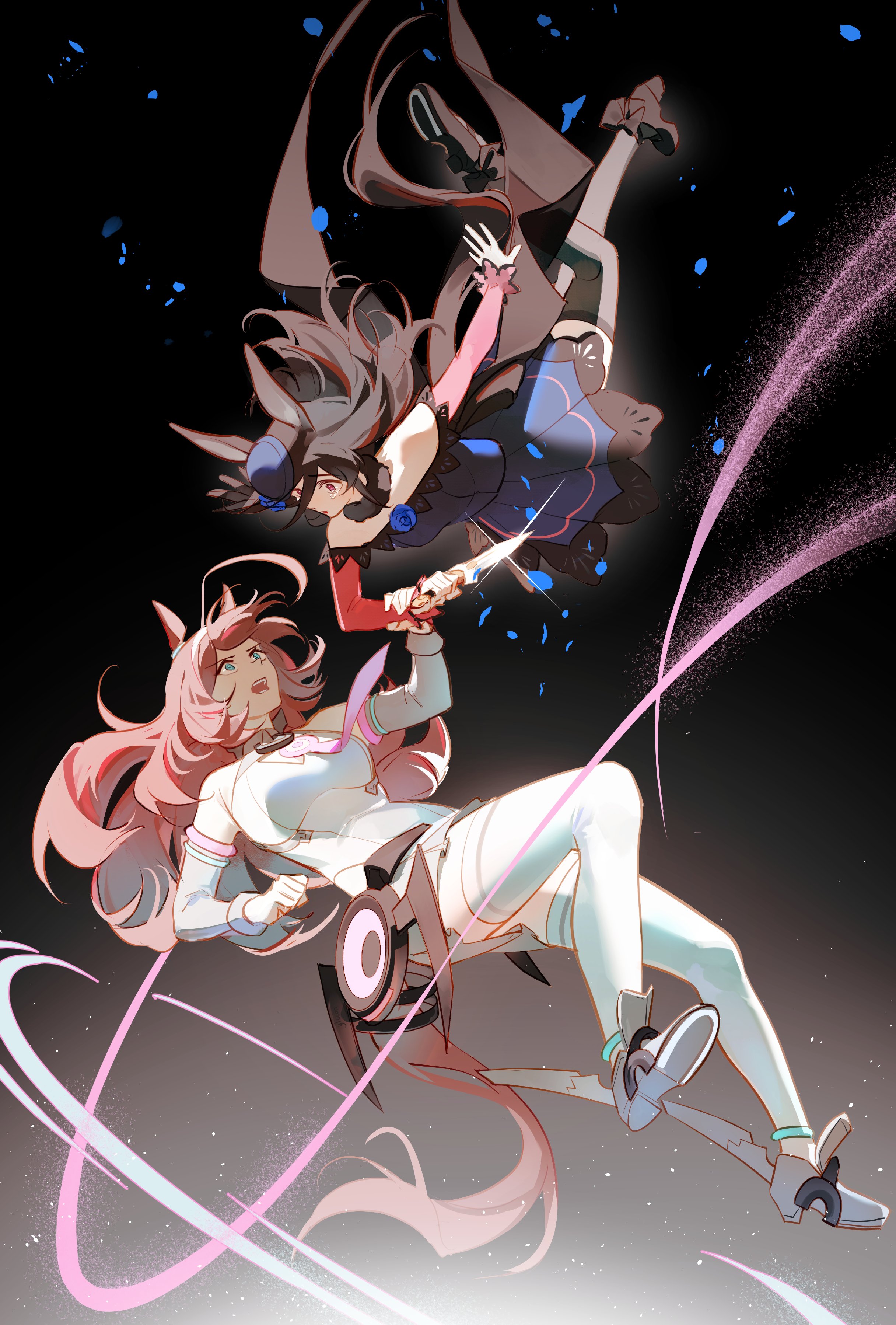 ylceon, mihono bourbon (umamusume), rice shower (umamusume), umamusume, absurdres, highres, 2girls, animal ears, black shoes, black thighhighs, blue eyes, brown hair, dagger, detached sleeves, dress, hair between eyes, hat, high heels, holding, holding another's wrist, holding dagger, holding knife, holding weapon, horse ears, horse girl, horse tail, knife, long hair, looking at another, multiple girls, off-shoulder dress, off shoulder, open mouth, pink hair, pink sleeves, purple dress, purple eyes, purple hat, shirt, shoes, sidelocks, skirt, tail, tears, thighhighs, weapon, white shirt, white shoes, white skirt, white thighhighs