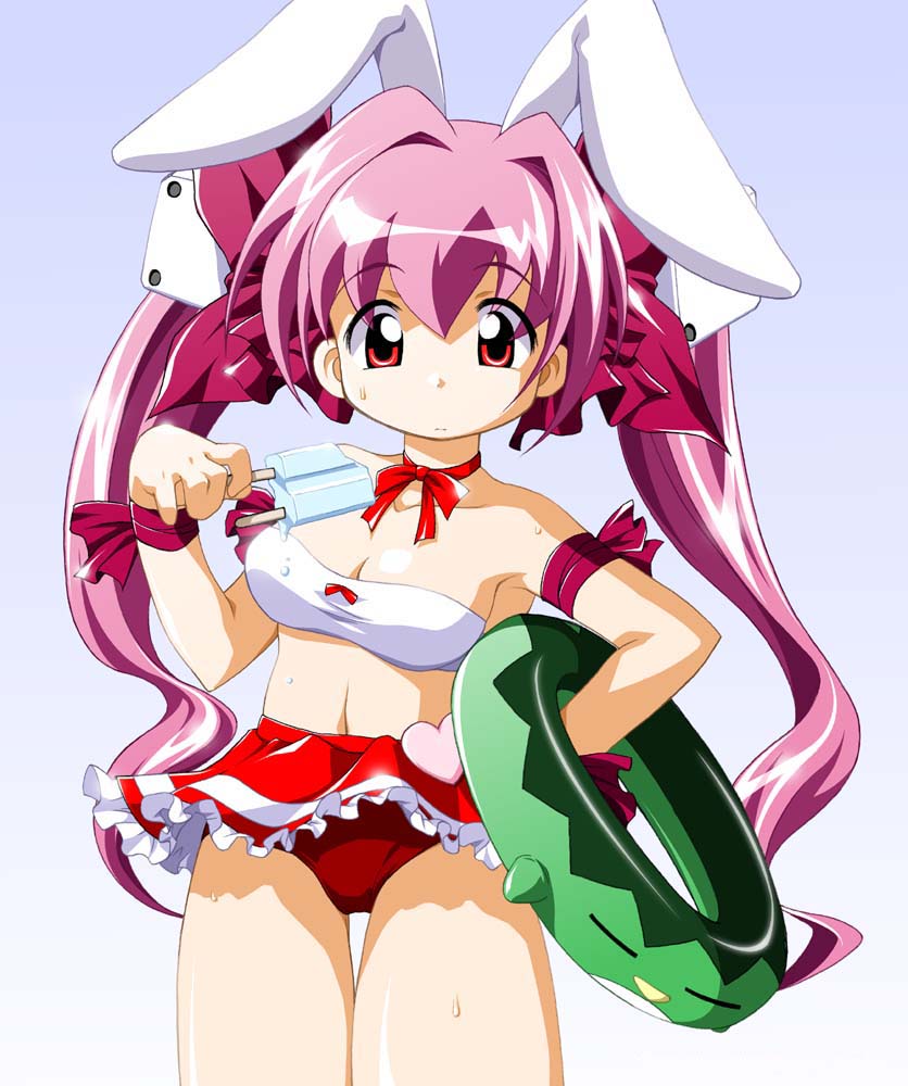 usada hikaru, di gi charat, animal ears, bikini, dice, food, hair ribbon, innertube, pink hair, popsicle, rabbit ears, rabbit girl, red bikini, ribbon, skirt, solo, swim ring, swimsuit