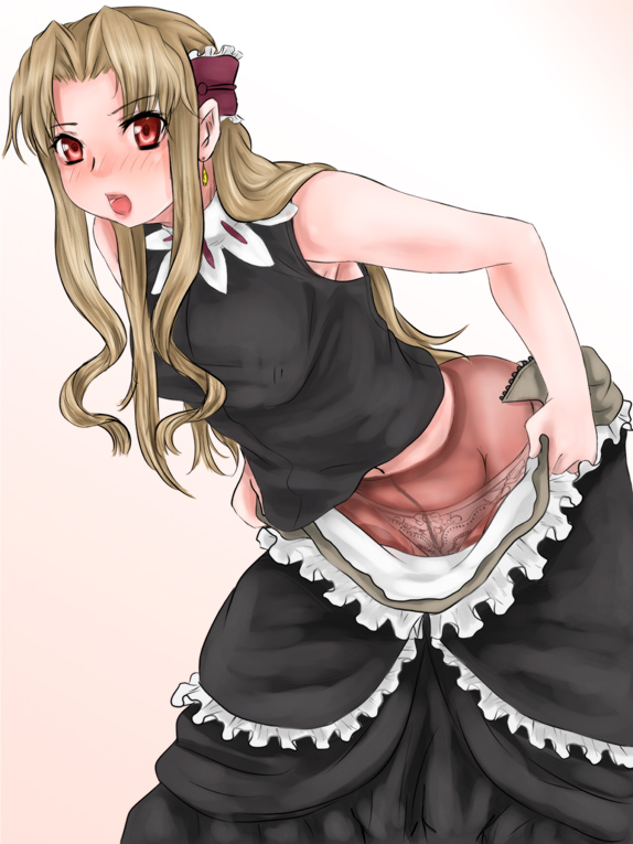 january (coyote ragtime show), coyote ragtime show, 00s, blonde hair, blush, january, long hair, maid, pantyhose, red eyes, solo, undressing