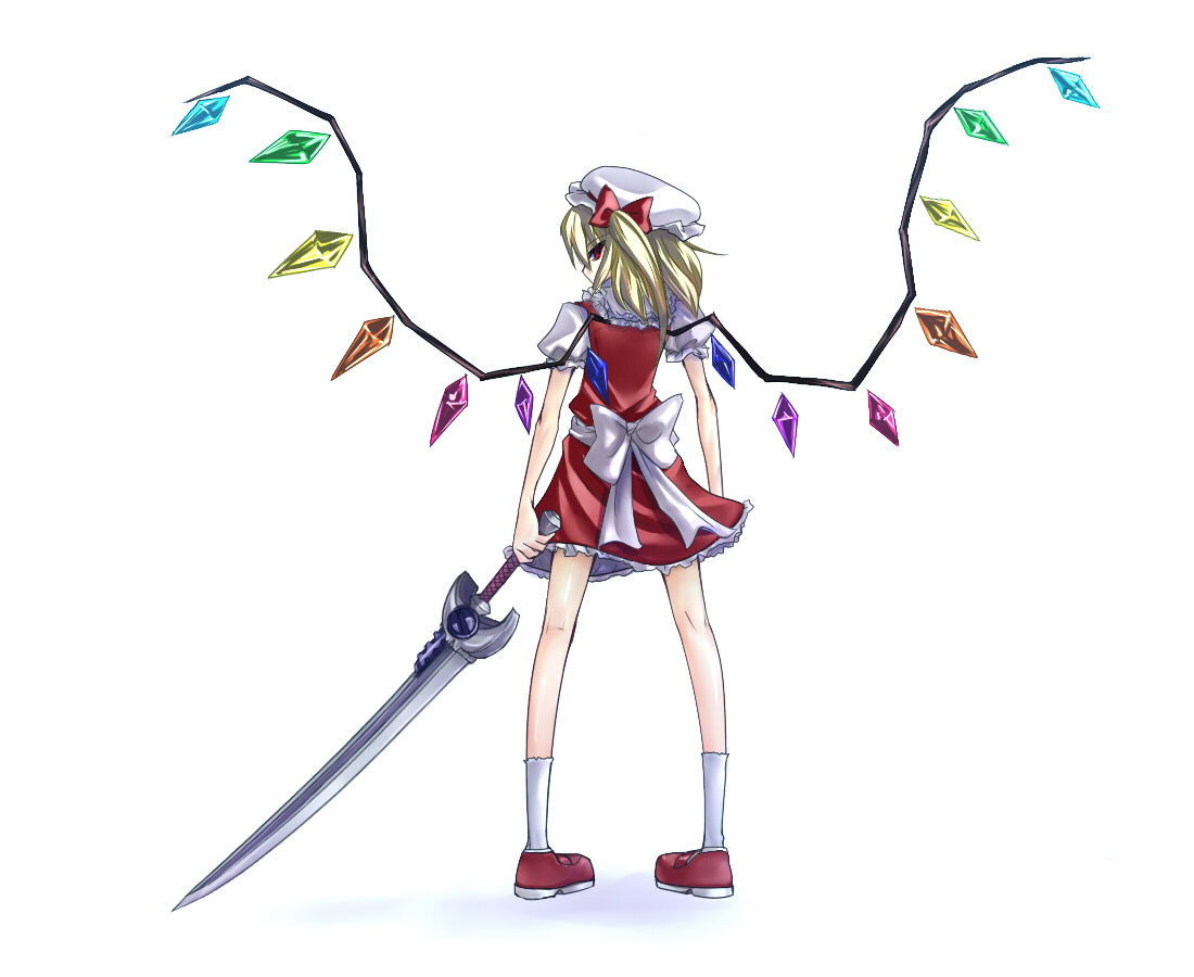 sushikuugo (suisen), flandre scarlet, laevatein (nanoha), lyrical nanoha, mahou shoujo lyrical nanoha, mahou shoujo lyrical nanoha a's, touhou, 1girl, bonnet, bow, crossover, female focus, frills, hair bow, hat, mob cap, parody, pun, socks, solo, standing, sword, weapon, whip sword, white hat, wings