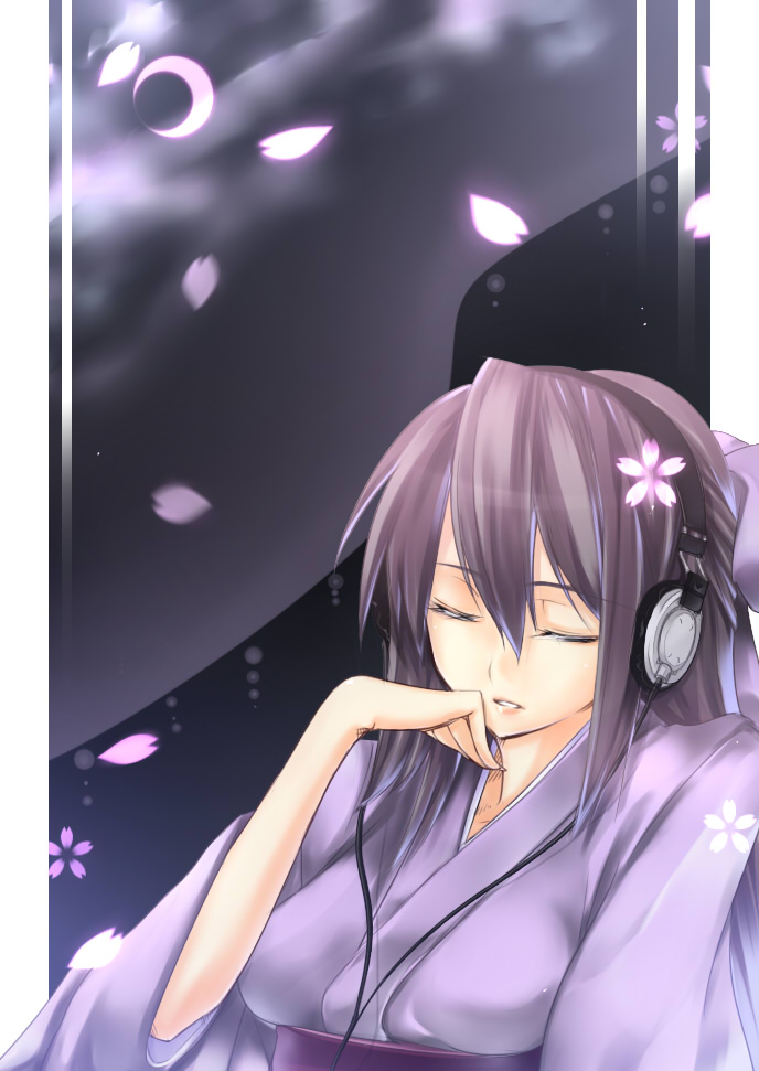sushikuugo (suisen), copyright request, 1girl, cherry blossoms, closed eyes, female focus, headphones, japanese clothes, kimono, moon, solo