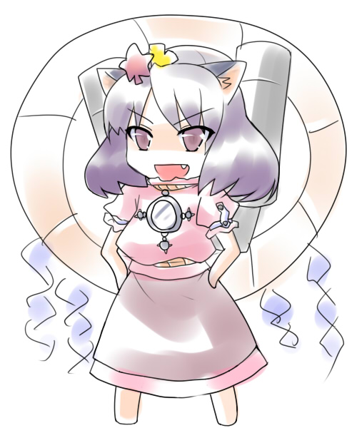 sushikuugo (suisen), yasaka kanako, touhou, 1girl, animal ears, cat ears, cat girl, chibi, fang, female focus, hair ornament, leaf hair ornament, rope, shimenawa, solo, standing