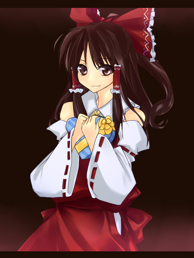 sushikuugo (suisen), hakurei reimu, touhou, 1girl, bow, box, brown hair, detached sleeves, female focus, gradient background, hair bow, heart-shaped box, japanese clothes, kimono, miko, red bow, solo, valentine, white kimono