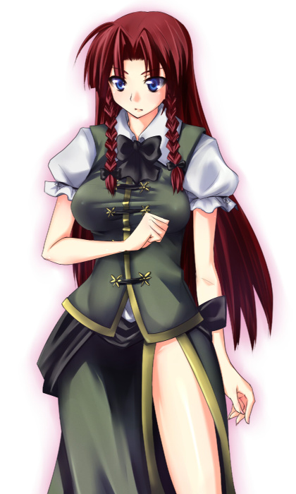 sushikuugo (suisen), hong meiling, immaterial and missing power, touhou, 1girl, blue eyes, bow, braid, breasts, female focus, gradient background, huge breasts, long hair, red hair, skirt, solo, white background