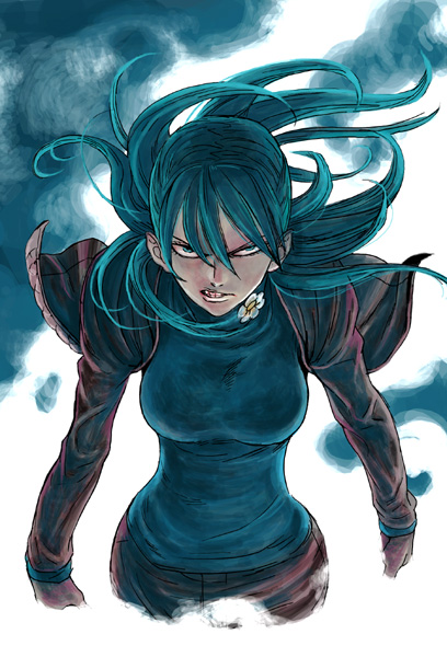 mahito (tranjistor), yurikawa saki, zombie-ya reiko, 1girl, aqua eyes, aqua hair, cloak, female focus, flower, solo, wind, zombie