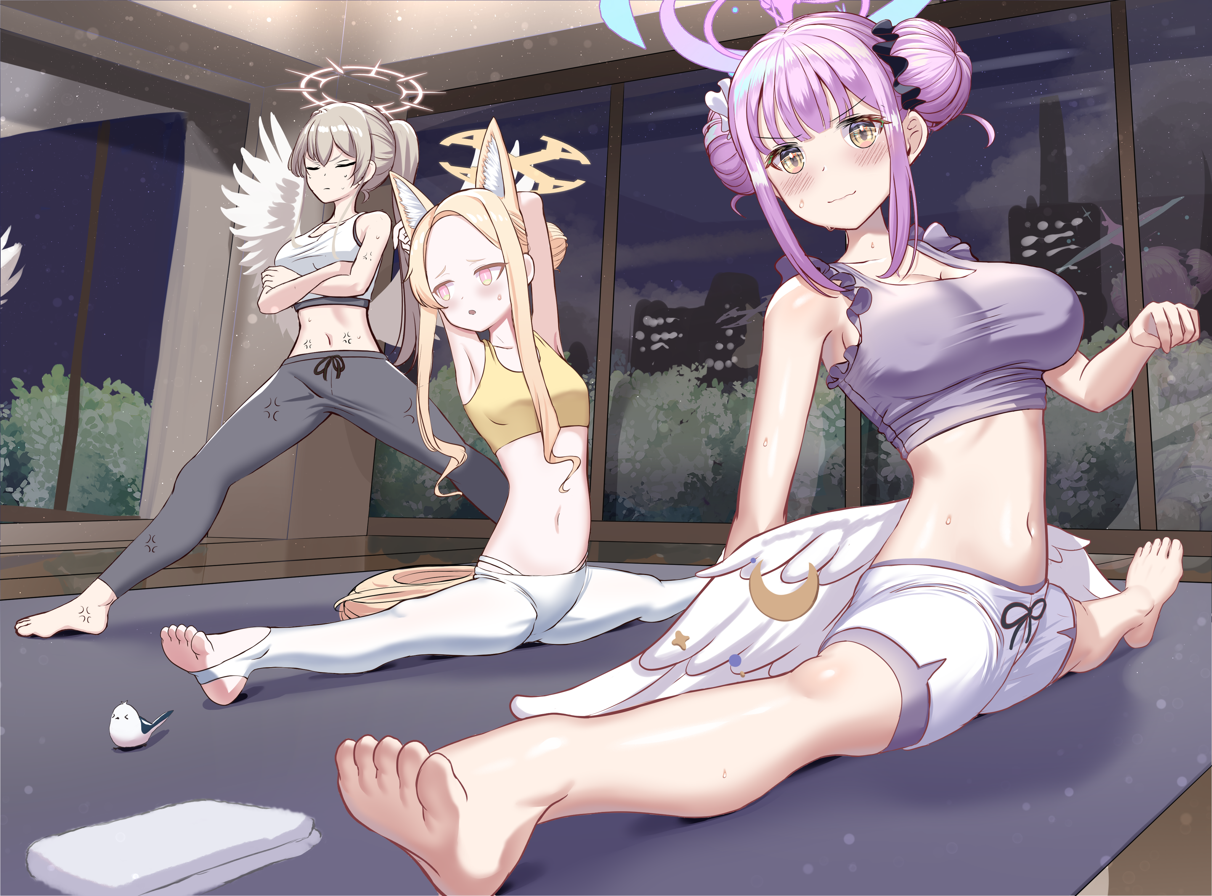 wanderlucia, mika (blue archive), nagisa (blue archive), seia (blue archive), blue archive, absurdres, highres, 3girls, anger vein, animal ear fluff, animal ears, barefoot, black pants, black scrunchie, blush, closed eyes, closed mouth, crossed arms, double bun, extra ears, feathered wings, forehead, fox ears, fox girl, fox tail, hair bun, hair ornament, hair scrunchie, halo, multiple girls, navel, open mouth, pants, pantyhose, pink halo, ponytail, purple sports bra, scrunchie, shorts, sidelocks, split, sports bra, stirrup legwear, stomach, sweat, tail, toeless legwear, white pantyhose, white scrunchie, white shorts, white sports bra, white wings, wings, yellow halo, yellow sports bra, yoga pants