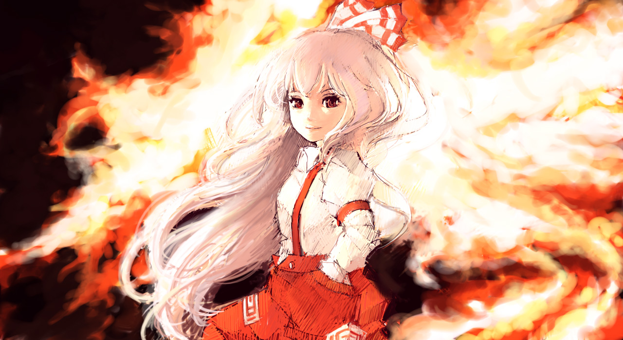 fujiwara no mokou, touhou, 1girl, female focus, fire, long hair, red eyes, smile, solo, white hair