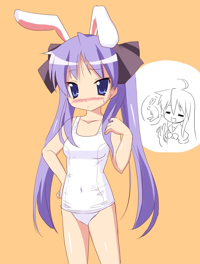 fhara, kanitama, hiiragi kagami, lucky star, 00s, animal ears, blue eyes, long hair, one-piece swimsuit, purple hair, rabbit ears, school swimsuit, simple background, solo, swimsuit, twintails