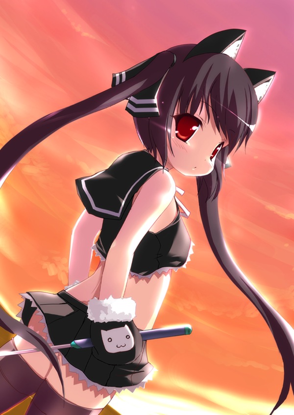 fhara, kanitama, kooh (pangya), pangya, animal ears, black hair, cat ears, child, gloves, golf, golf club, long hair, miniskirt, red eyes, skirt, solo, thighhighs, twintails