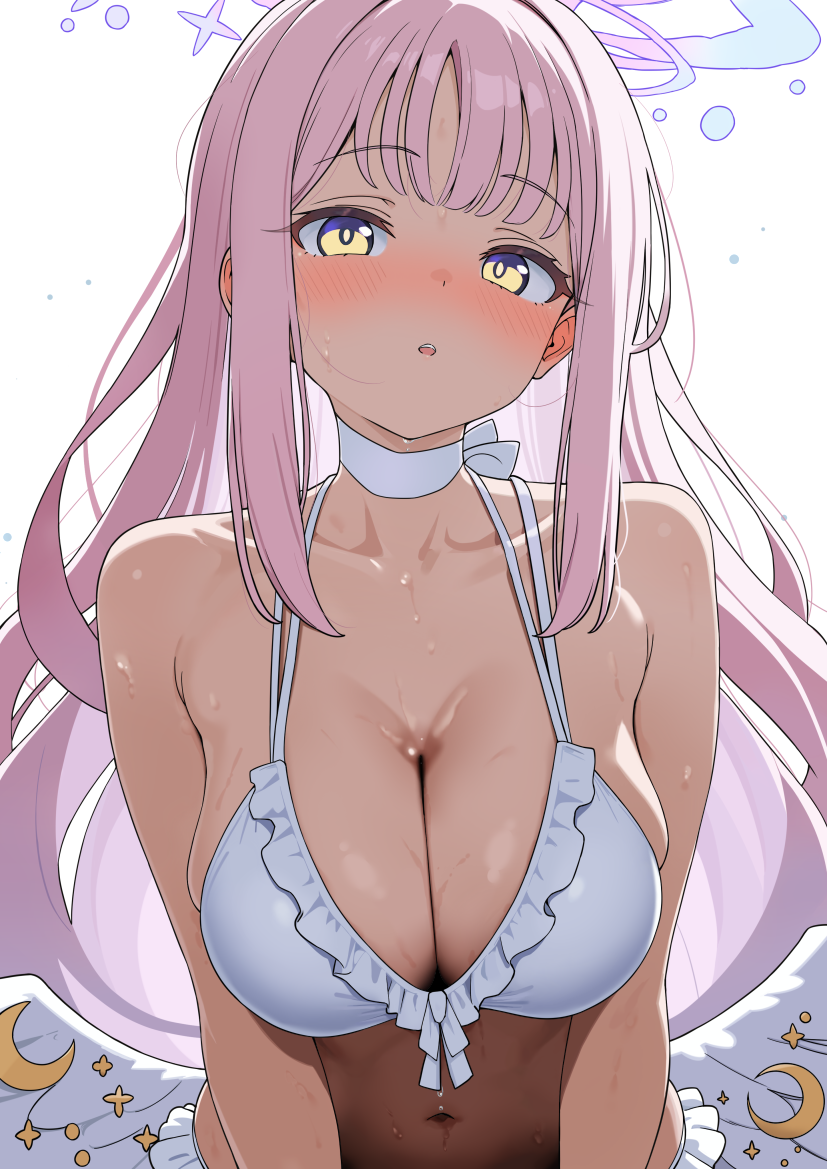 analog kenshi (moto), mika (blue archive), mika (swimsuit) (blue archive), blue archive, commentary request, 1girl, bare arms, bare shoulders, bikini, blush, breasts, choker, cleavage, collarbone, crescent, feathered wings, frilled bikini, frills, halo, large breasts, long hair, looking at viewer, low wings, multi-strapped bikini top, nose blush, parted lips, pink hair, simple background, solo, swimsuit, very long hair, water, white background, white bikini, white choker, white wings, wings, yellow eyes