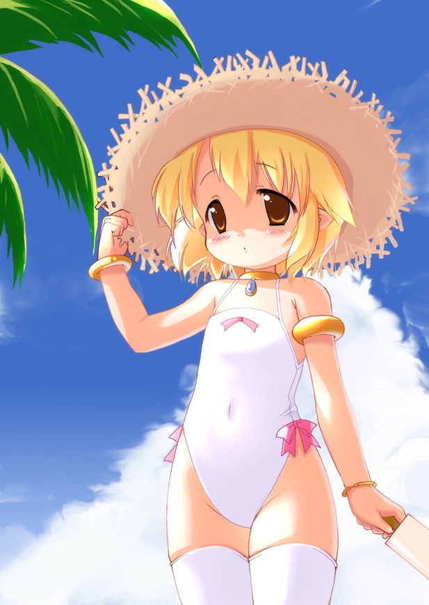 fhara, kanitama, blonde hair, flat chest, hat, one-piece swimsuit, palm tree, short hair, solo, swimsuit, thighhighs, tree