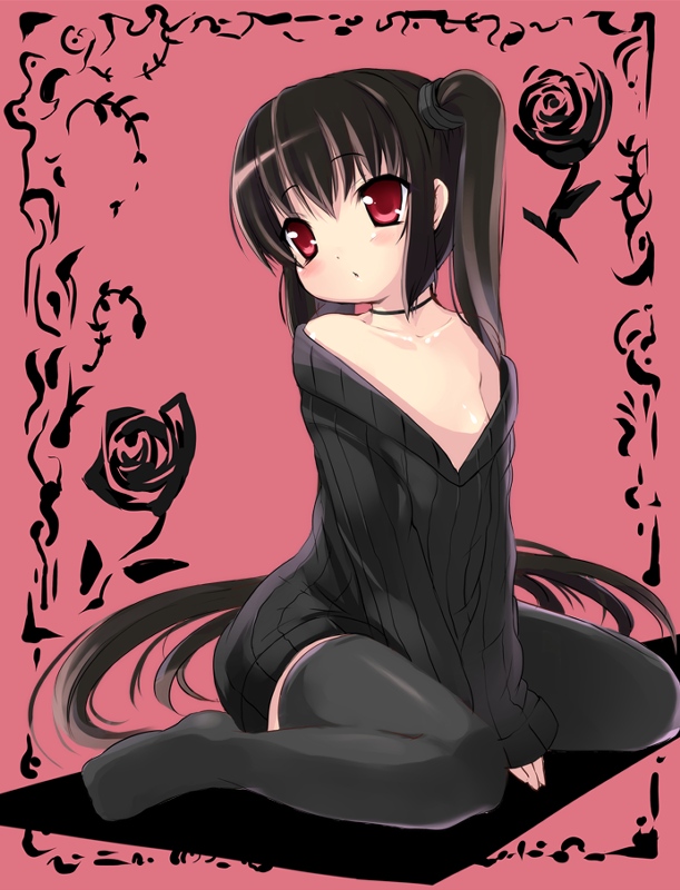 fhara, kanitama, kooh (pangya), pangya, 1girl, bare shoulders, black hair, breasts, female focus, kneeling, loli, long hair, nipple slip, nipples, red eyes, sitting, small breasts, solo, thighhighs, twintails