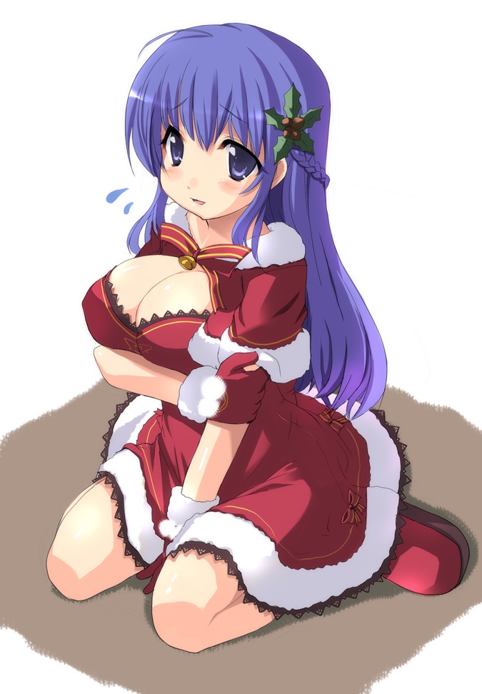 fhara, kanitama, arin (pangya), pangya, 1girl, blue eyes, blue hair, breasts, breasts squeezed together, christmas, cleavage, female focus, gloves, large breasts, long hair, matching hair/eyes, red gloves, santa costume, simple background, solo
