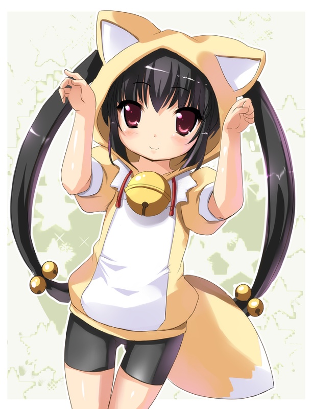 fhara, kanitama, kooh (pangya), pangya, animal costume, bell, black hair, fox costume, jingle bell, long hair, red eyes, shorts, simple background, solo, tail, twintails