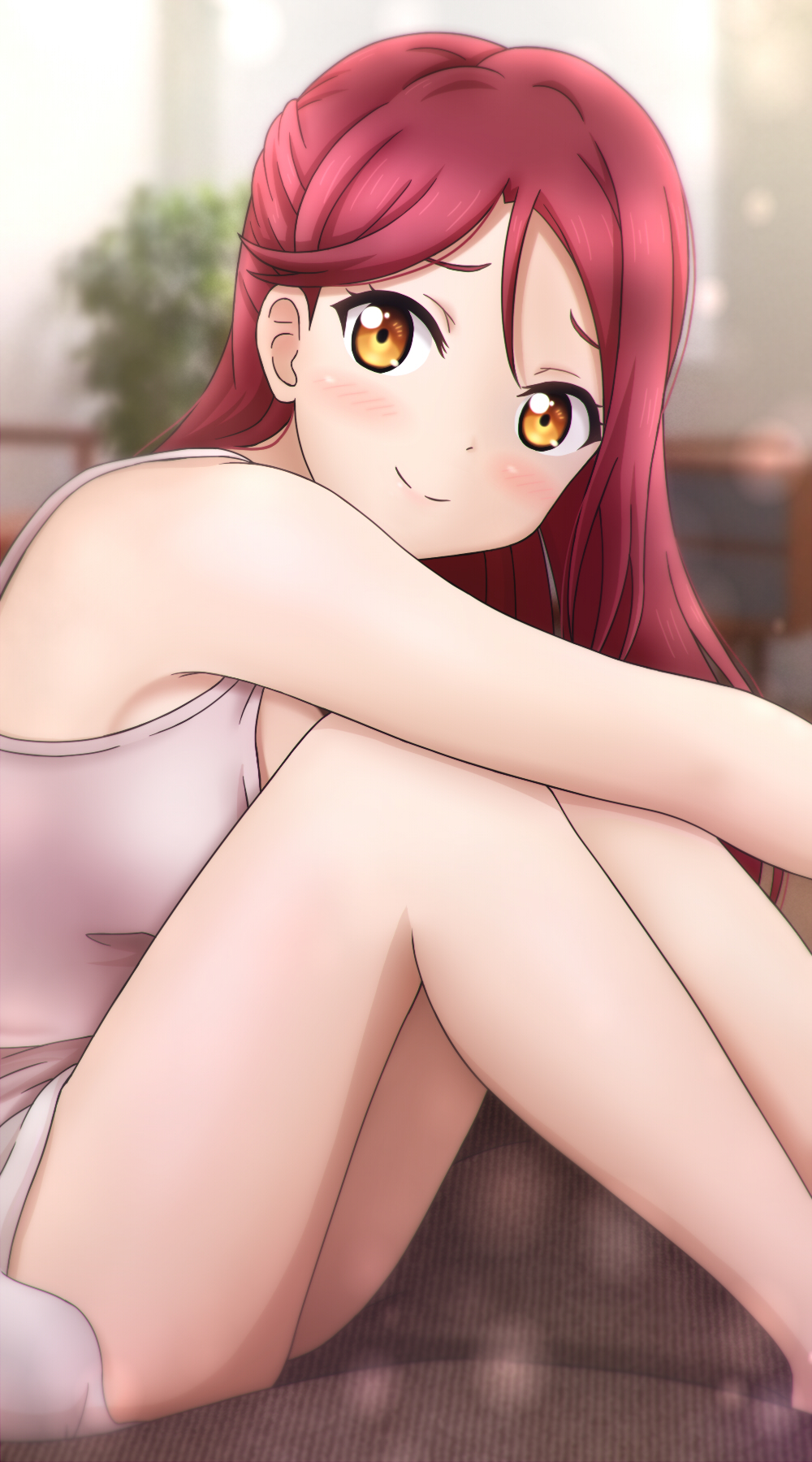 akihitohappy, aida rikako, sakurauchi riko, love live!, love live! sunshine!!, real life, commentary request, highres, 1girl, aida rikako (cosplay), bare legs, bare shoulders, blurry, blurry background, blush, breasts, closed mouth, cosplay, feet out of frame, indoors, long hair, medium breasts, miniskirt, pink tank top, raised inner eyebrows, red hair, sitting, skirt, smile, solo, split mouth, tank top, voice actor connection, white skirt, yellow eyes